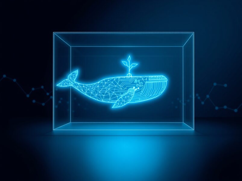 A digital whale symbol trapped in a cube represents a Solana investor's $1.5M liquidity crisis with Anthropic stock tokens.