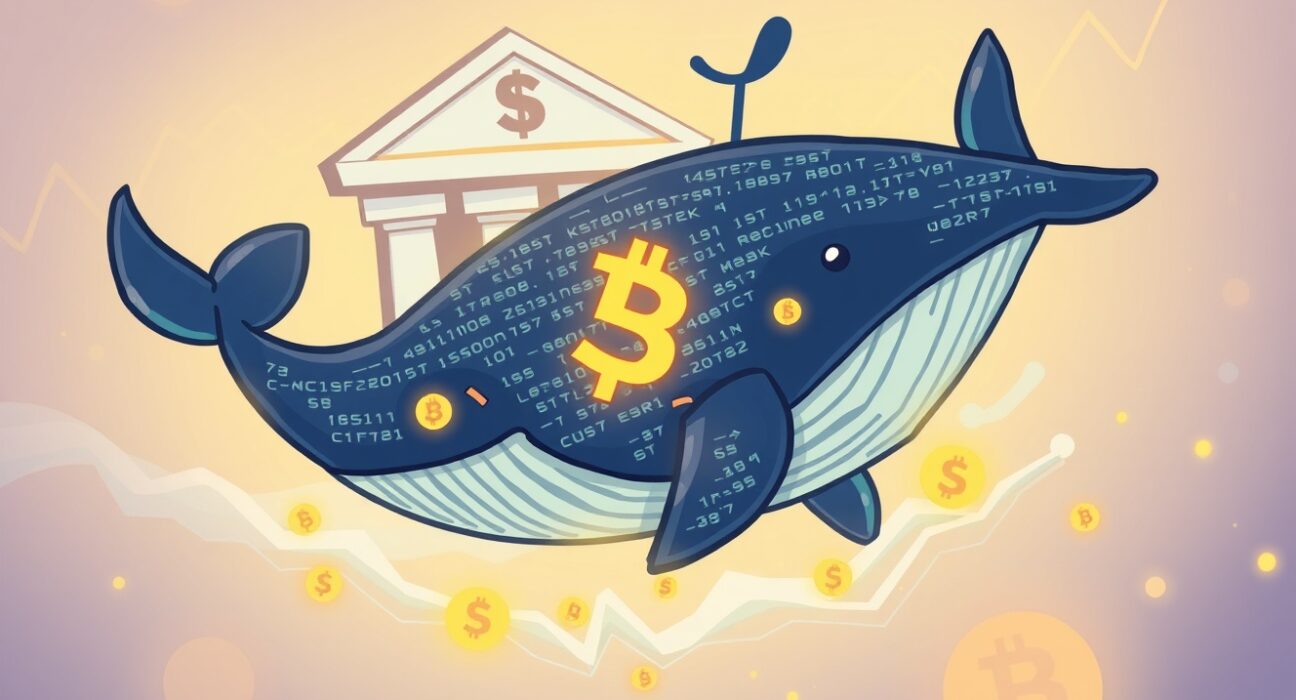 Cartoon illustration of a large Solana whale deposit moving funds to an exchange, indicating potential market shifts.