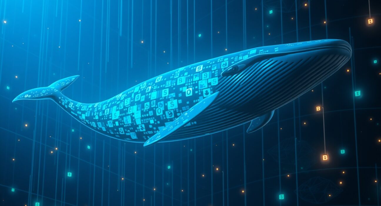 Digital whale swimming through blockchain data streams representing a large cryptocurrency transaction