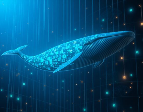 Digital whale swimming through blockchain data streams representing a large cryptocurrency transaction