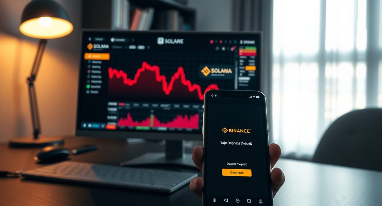 Trading dashboard showing a red downtrend chart with Solana logo and a smartphone displaying a Binance deposit screen.