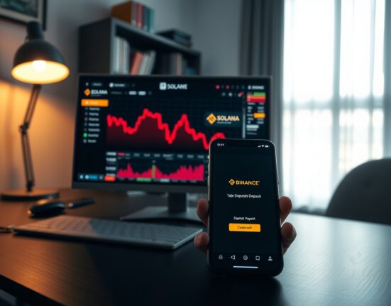 Trading dashboard showing a red downtrend chart with Solana logo and a smartphone displaying a Binance deposit screen.