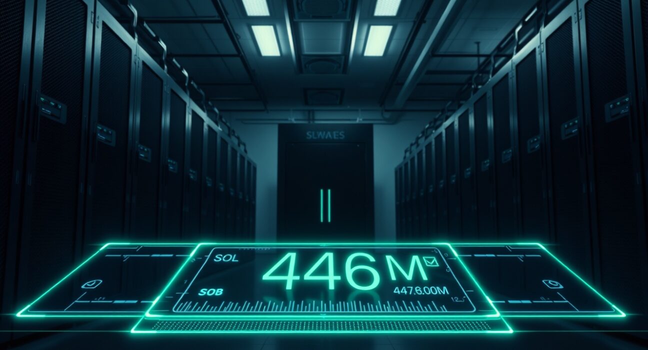 Cryptocurrency mining server room with holographic display showing a large SOL transaction value of 446 million dollars.