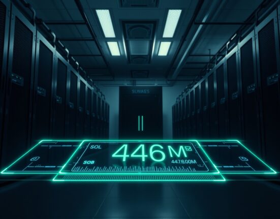 Cryptocurrency mining server room with holographic display showing a large SOL transaction value of 446 million dollars.