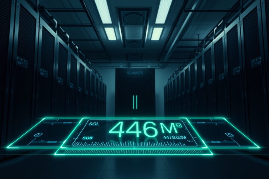 Cryptocurrency mining server room with holographic display showing a large SOL transaction value of 446 million dollars.