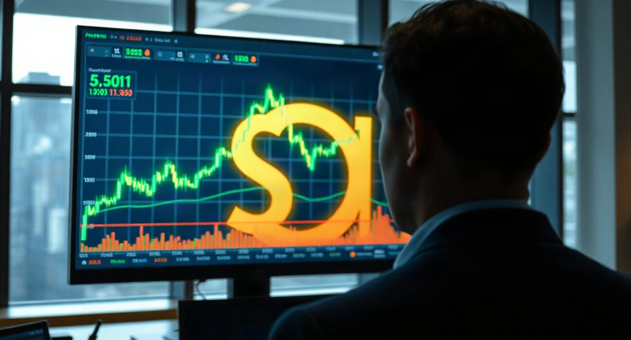 Large Solana (SOL) token symbol displayed on a trading screen in a professional financial setting