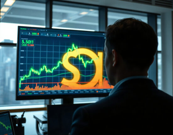 Large Solana (SOL) token symbol displayed on a trading screen in a professional financial setting