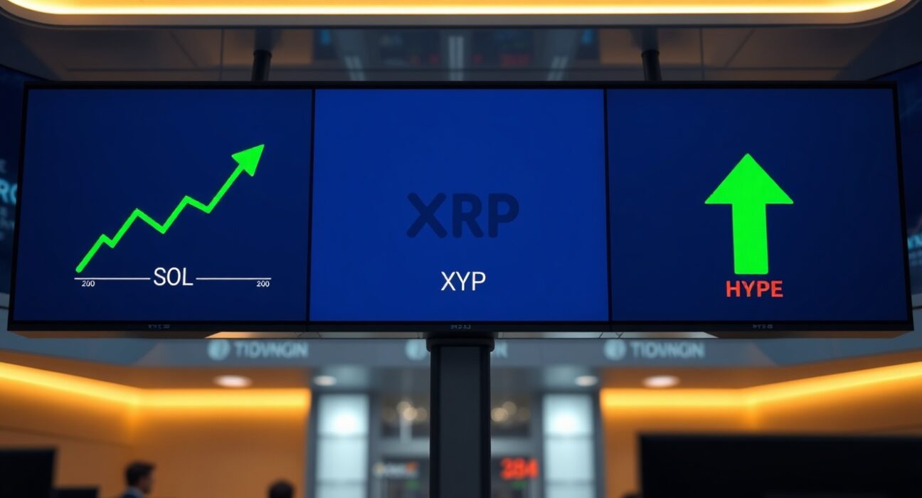 Financial dashboard showing Solana and XRP ETF inflow data and Hyperliquid outflow data