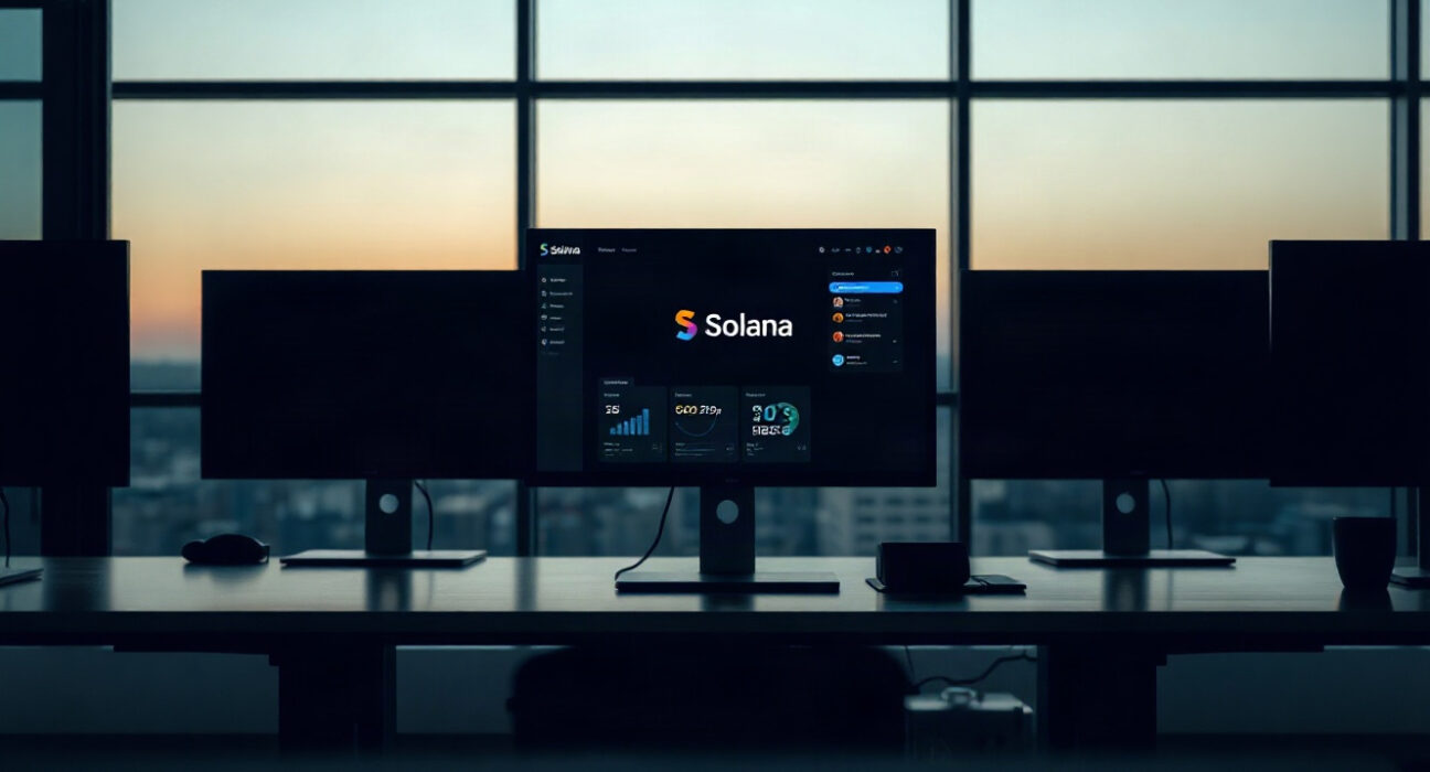 SolanaID shutdown: empty office with monitors showing a dashboard, representing the protocol's wind-down.