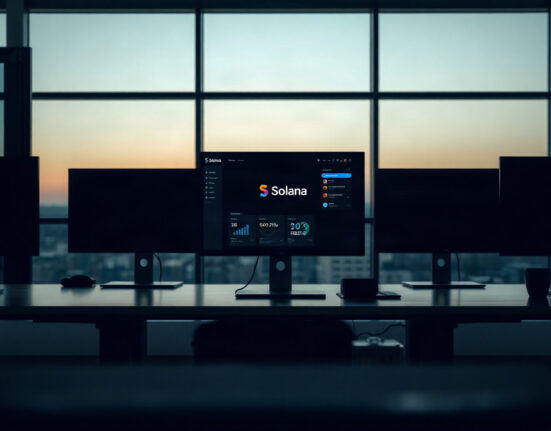 SolanaID shutdown: empty office with monitors showing a dashboard, representing the protocol's wind-down.