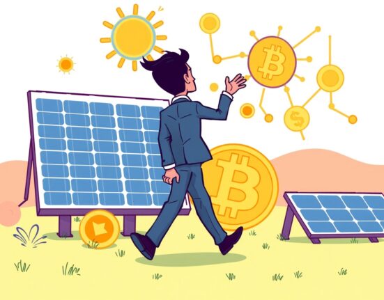 Solar project resignation depicted through cartoon business leader leaving blockchain and solar energy symbols