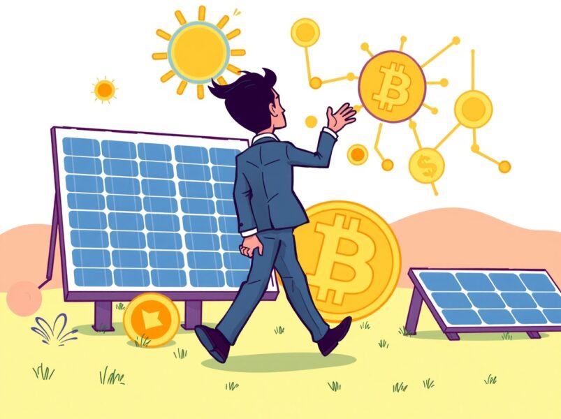 Solar project resignation depicted through cartoon business leader leaving blockchain and solar energy symbols