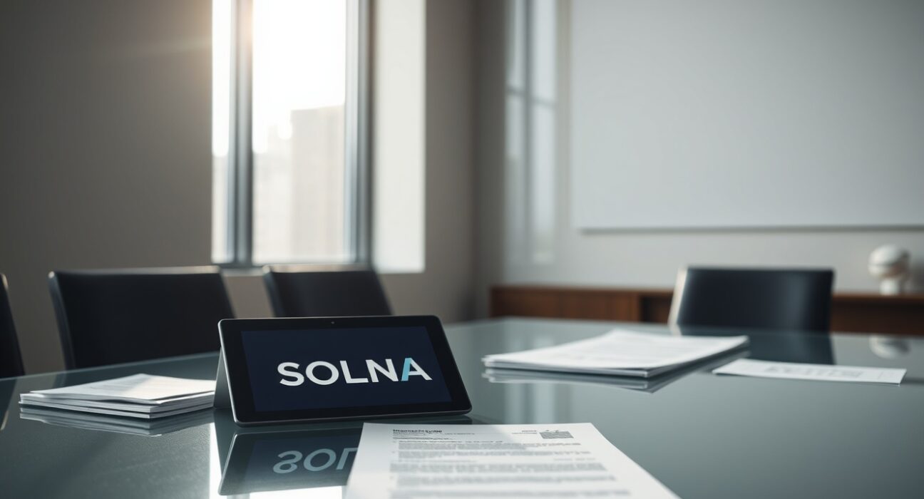 Corporate boardroom with documents and a tablet displaying the Solana logo