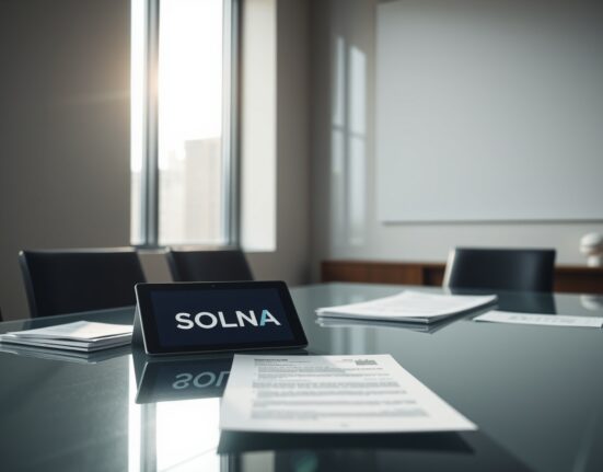 Corporate boardroom with documents and a tablet displaying the Solana logo