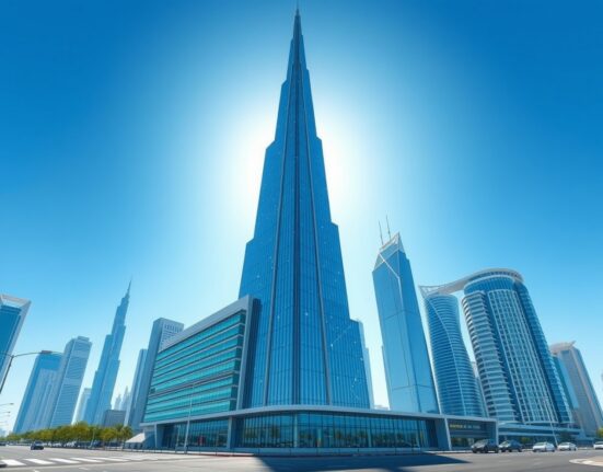 Solmate's new Solana blockchain technology hub in Dubai, UAE skyline background.