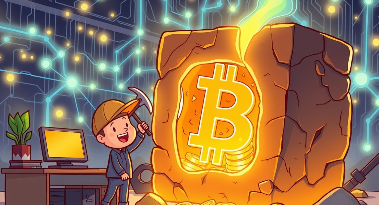 A triumphant solo Bitcoin miner celebrates discovering a valuable digital gold block in a vibrant cartoon scene.