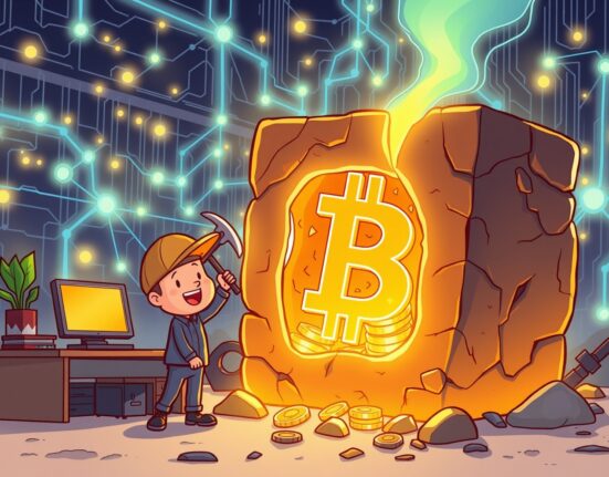 A triumphant solo Bitcoin miner celebrates discovering a valuable digital gold block in a vibrant cartoon scene.