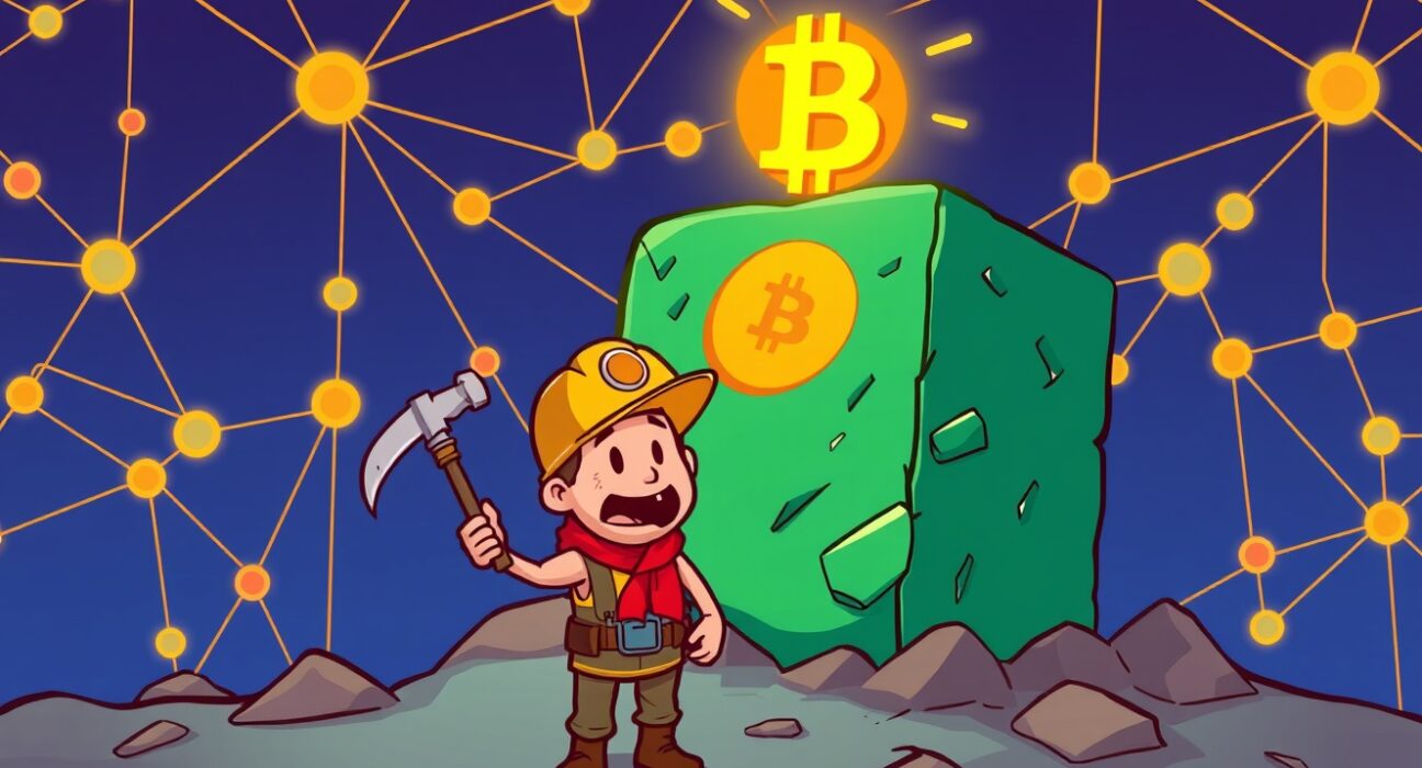 A triumphant solo Bitcoin miner celebrating a major block discovery in a cartoon blockchain world.