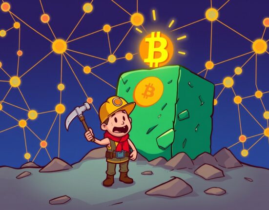 A triumphant solo Bitcoin miner celebrating a major block discovery in a cartoon blockchain world.