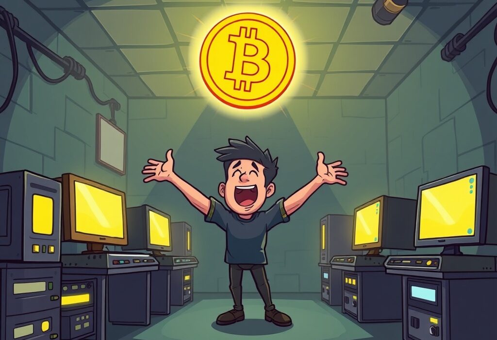 A cartoon illustrating a joyful solo Bitcoin miner celebrating a massive block reward, highlighting the rare success in crypto mining.