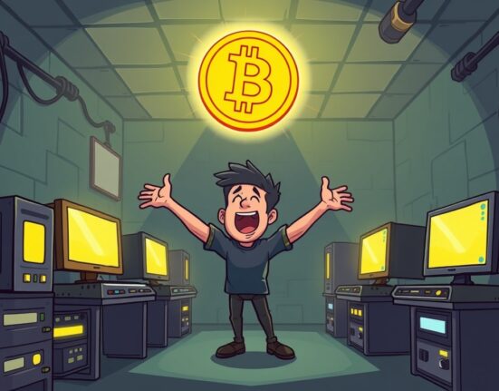 A cartoon illustrating a joyful solo Bitcoin miner celebrating a massive block reward, highlighting the rare success in crypto mining.