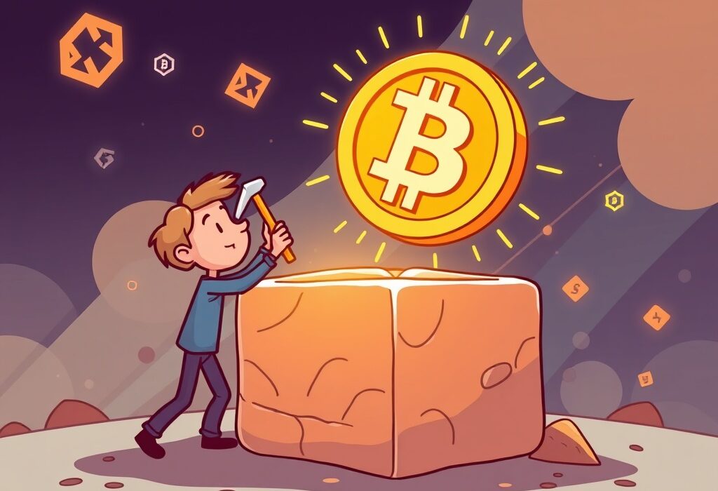 A cartoon illustration depicting a solo Bitcoin miner celebrating a successful block discovery, symbolizing a significant BTC reward.