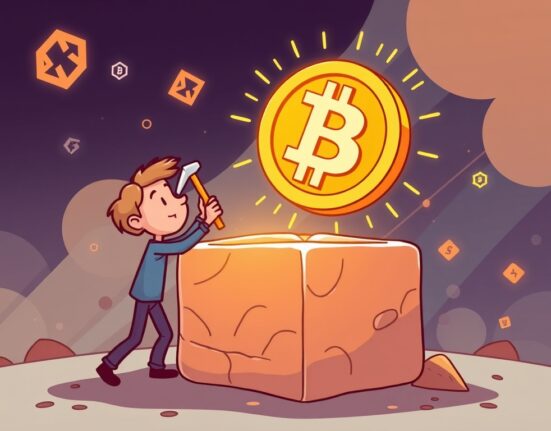 A cartoon illustration depicting a solo Bitcoin miner celebrating a successful block discovery, symbolizing a significant BTC reward.