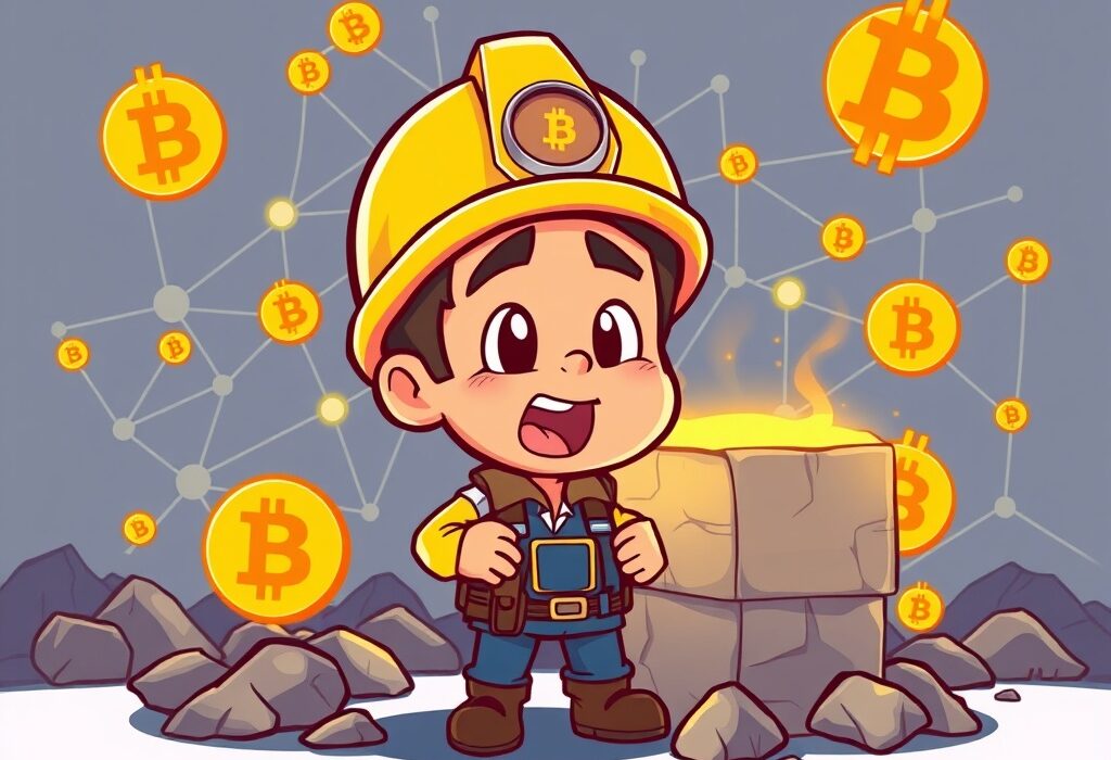 A cartoon illustration of a jubilant solo miner celebrating a successful Solo Bitcoin Mining operation, with Bitcoin symbols and a block floating around them.