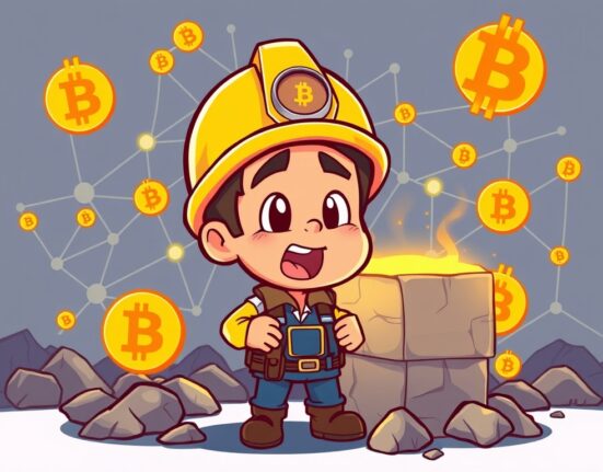A cartoon illustration of a jubilant solo miner celebrating a successful Solo Bitcoin Mining operation, with Bitcoin symbols and a block floating around them.