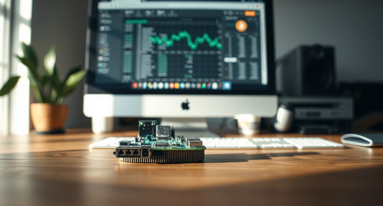 A Bitaxe ASIC miner on a desk, representing a solo Bitcoin mining success story.