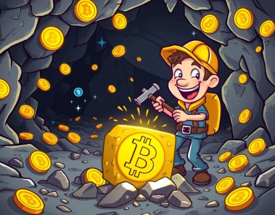 Solo miner celebrating after discovering a valuable Bitcoin block with glowing rewards