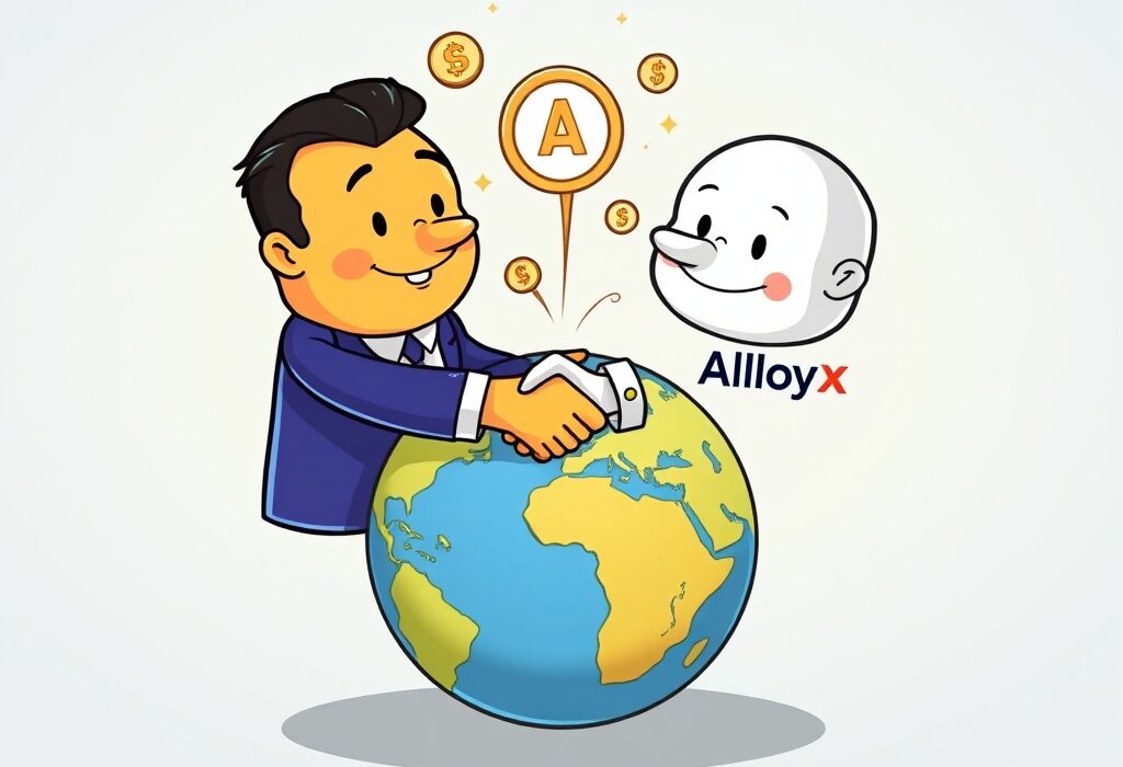 Cartoon showing Solowin's strategic stablecoin infrastructure acquisition of AlloyX, aiming for global market expansion.