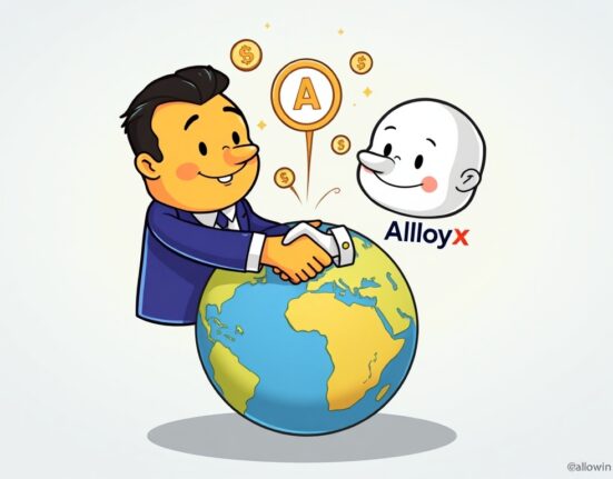 Cartoon showing Solowin's strategic stablecoin infrastructure acquisition of AlloyX, aiming for global market expansion.