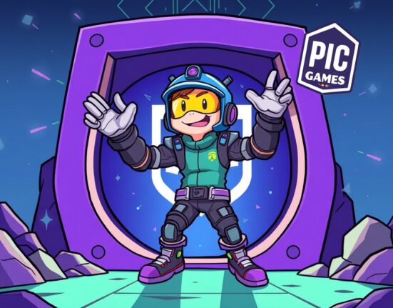 A cartoon character excitedly stepping onto a new platform, symbolizing the monumental SolPlex game launch and its impact on gaming.