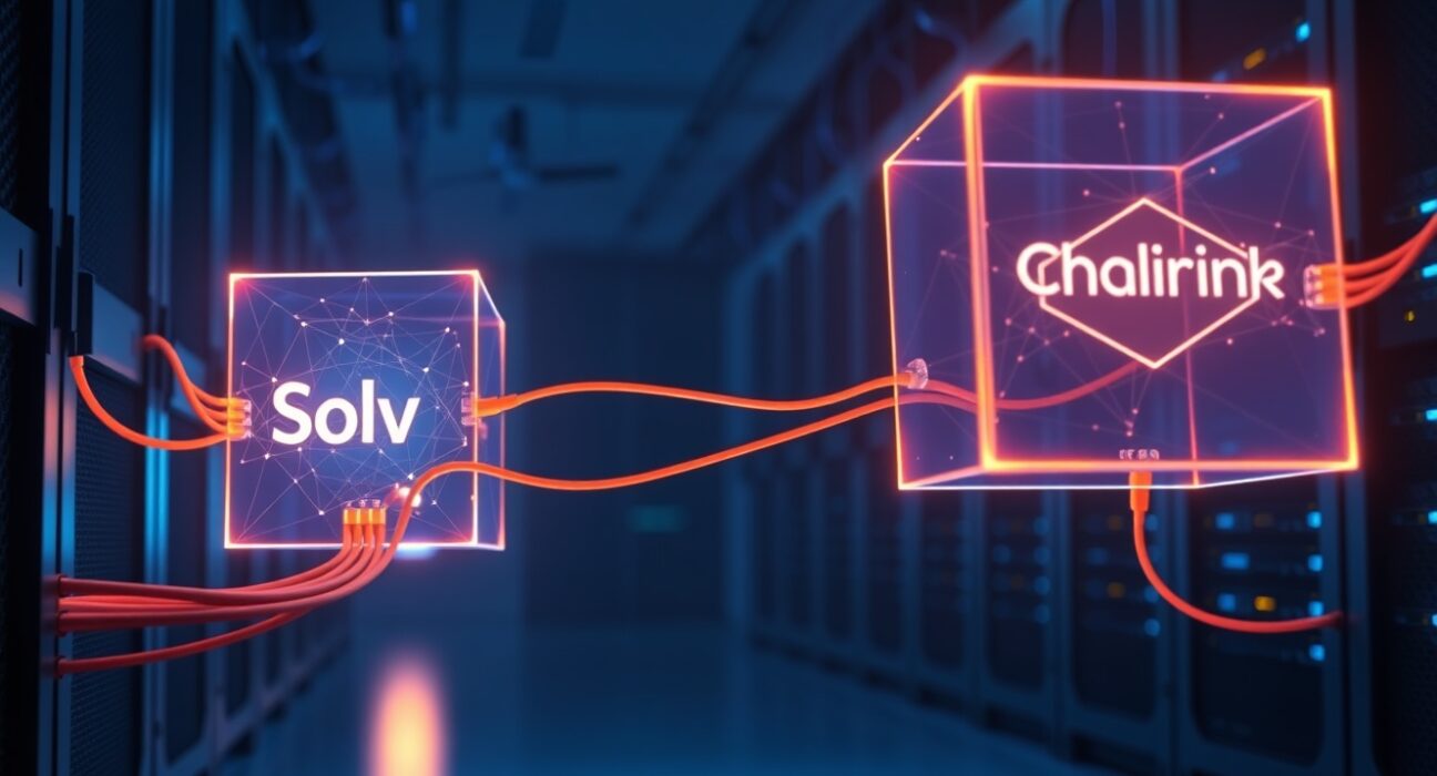 Abstract representation of Solv Protocol migrating tokenized Bitcoin assets to Chainlink CCIP infrastructure