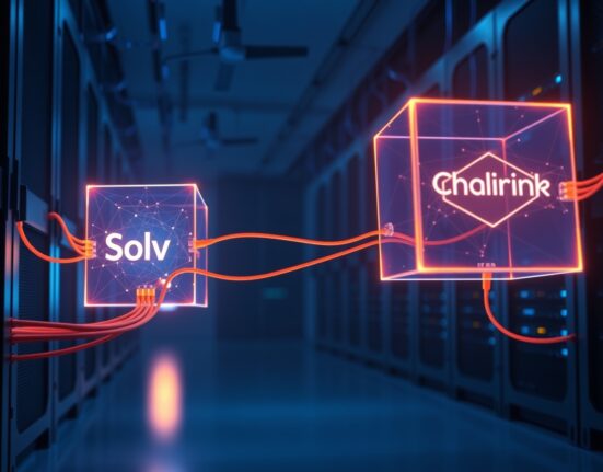 Abstract representation of Solv Protocol migrating tokenized Bitcoin assets to Chainlink CCIP infrastructure