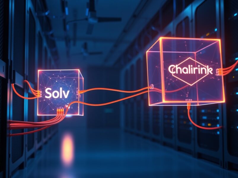 Abstract representation of Solv Protocol migrating tokenized Bitcoin assets to Chainlink CCIP infrastructure