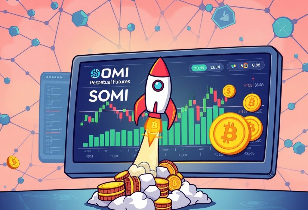 Cartoon illustration of a digital trading screen showing SOMI perpetual futures, representing new trading opportunities on Binance.