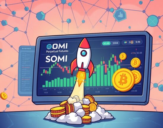 Cartoon illustration of a digital trading screen showing SOMI perpetual futures, representing new trading opportunities on Binance.