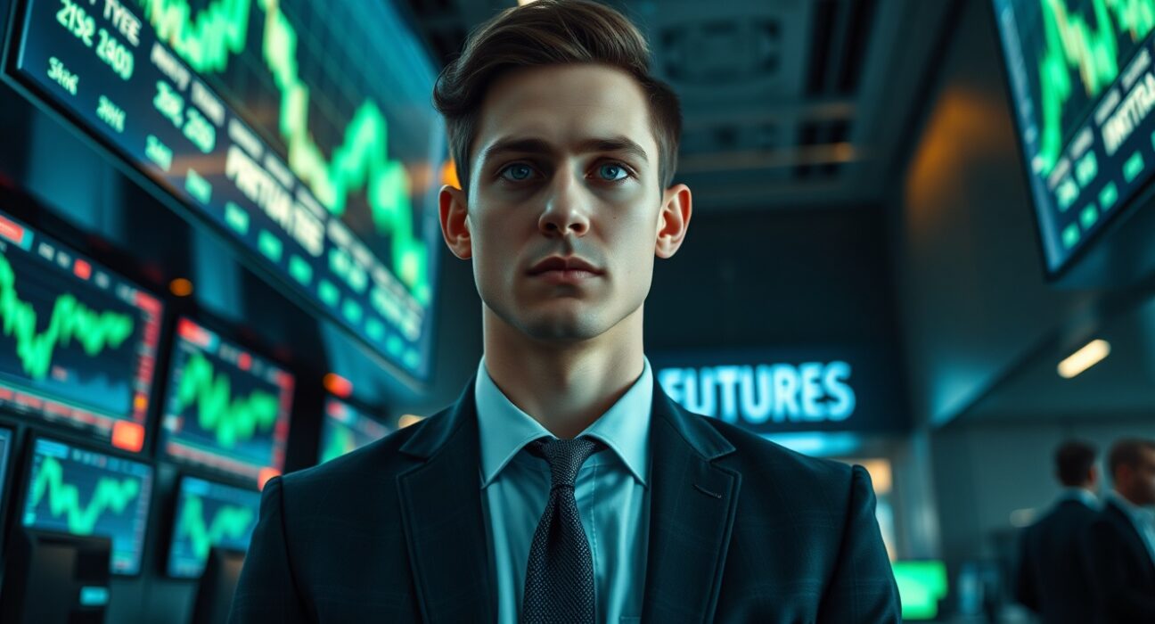 A young trader in a suit observing a digital display of stock perpetual futures charts on a modern trading floor.