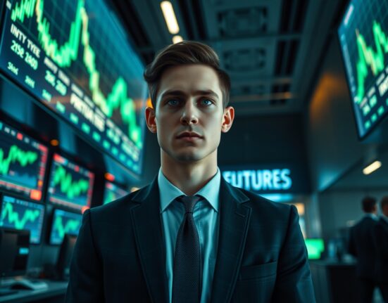 A young trader in a suit observing a digital display of stock perpetual futures charts on a modern trading floor.