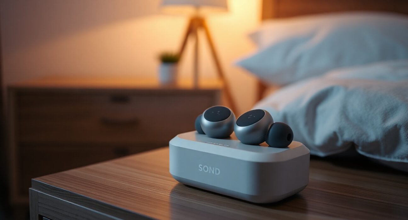 SOND Dreambuds in charging case on a nightstand with soft bedside lighting, showing outward-facing sensors.