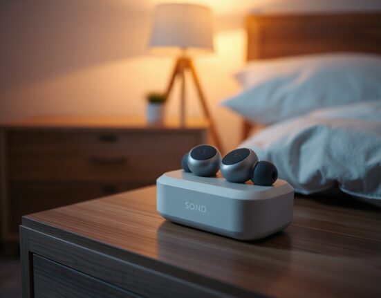 SOND Dreambuds in charging case on a nightstand with soft bedside lighting, showing outward-facing sensors.