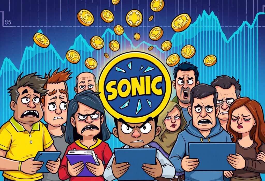 Cartoon illustration showing angry users and falling coins, symbolizing the backlash and significant withdrawals after the Sonic airdrop.
