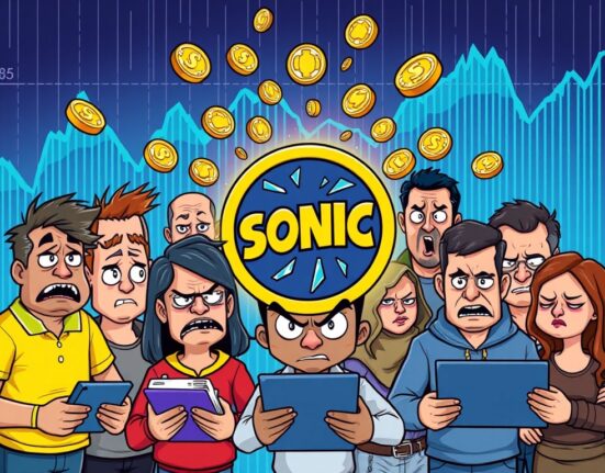 Cartoon illustration showing angry users and falling coins, symbolizing the backlash and significant withdrawals after the Sonic airdrop.