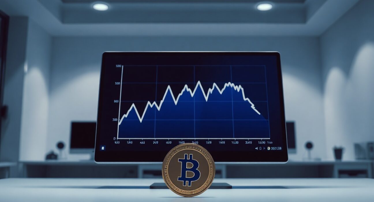 Sonic S token coin icon with a downward-trending graph on a digital screen in a dimly lit office.