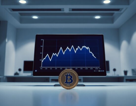 Sonic S token coin icon with a downward-trending graph on a digital screen in a dimly lit office.