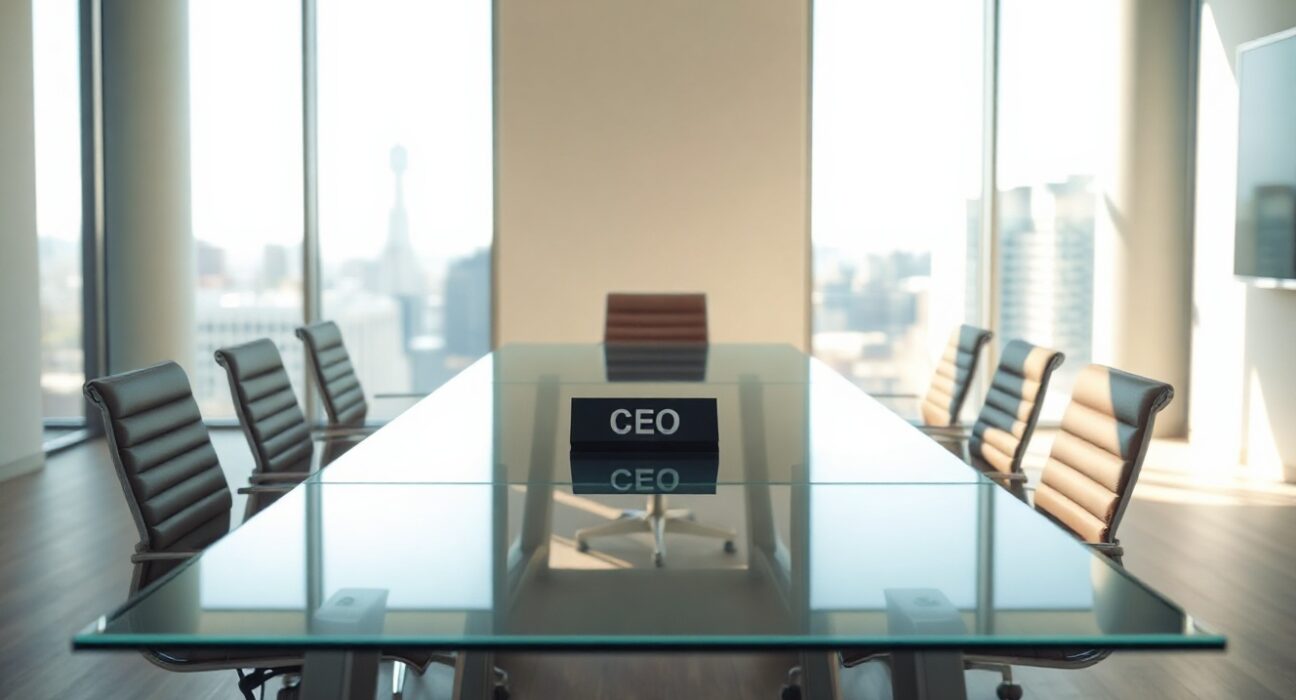 Empty boardroom table with CEO nameplate in modern office, representing Sonic Labs leadership change
