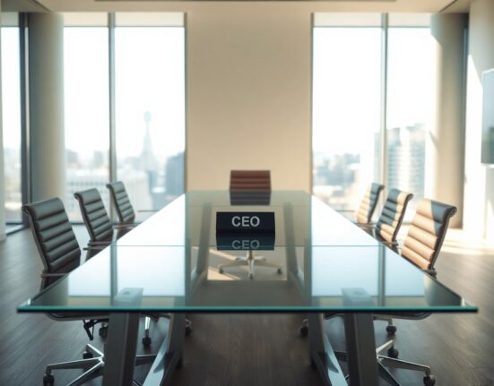 Empty boardroom table with CEO nameplate in modern office, representing Sonic Labs leadership change
