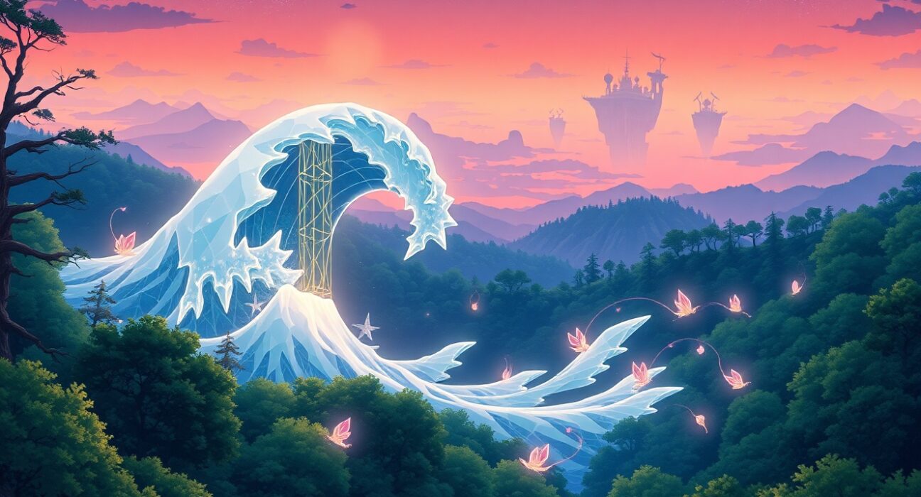 Sonic blockchain technology interacting with market data streams in a magical ecosystem